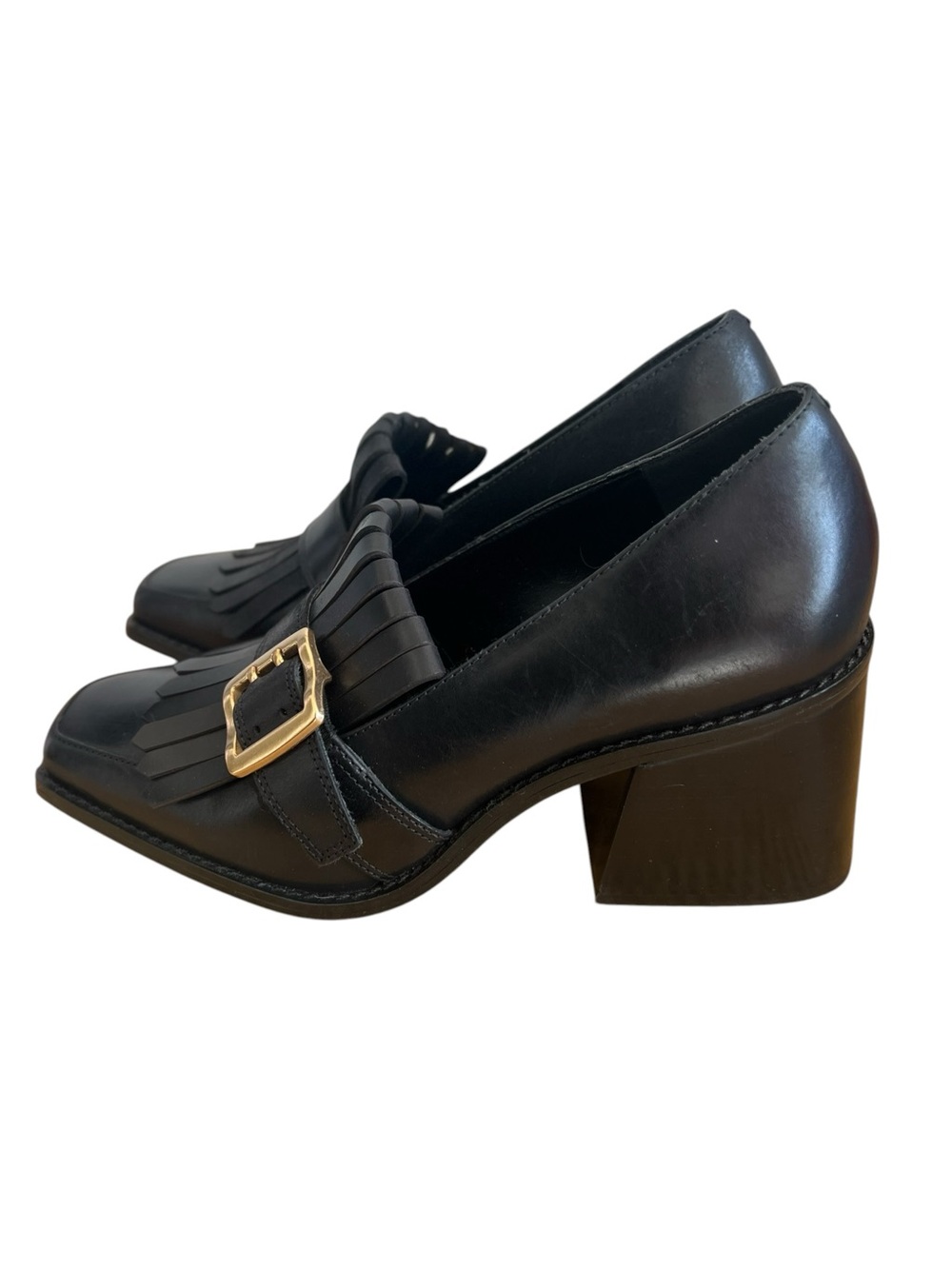 Vince Camuto Black Leather Fringe Loafers with Gold Buckles - Picture 3 of 7